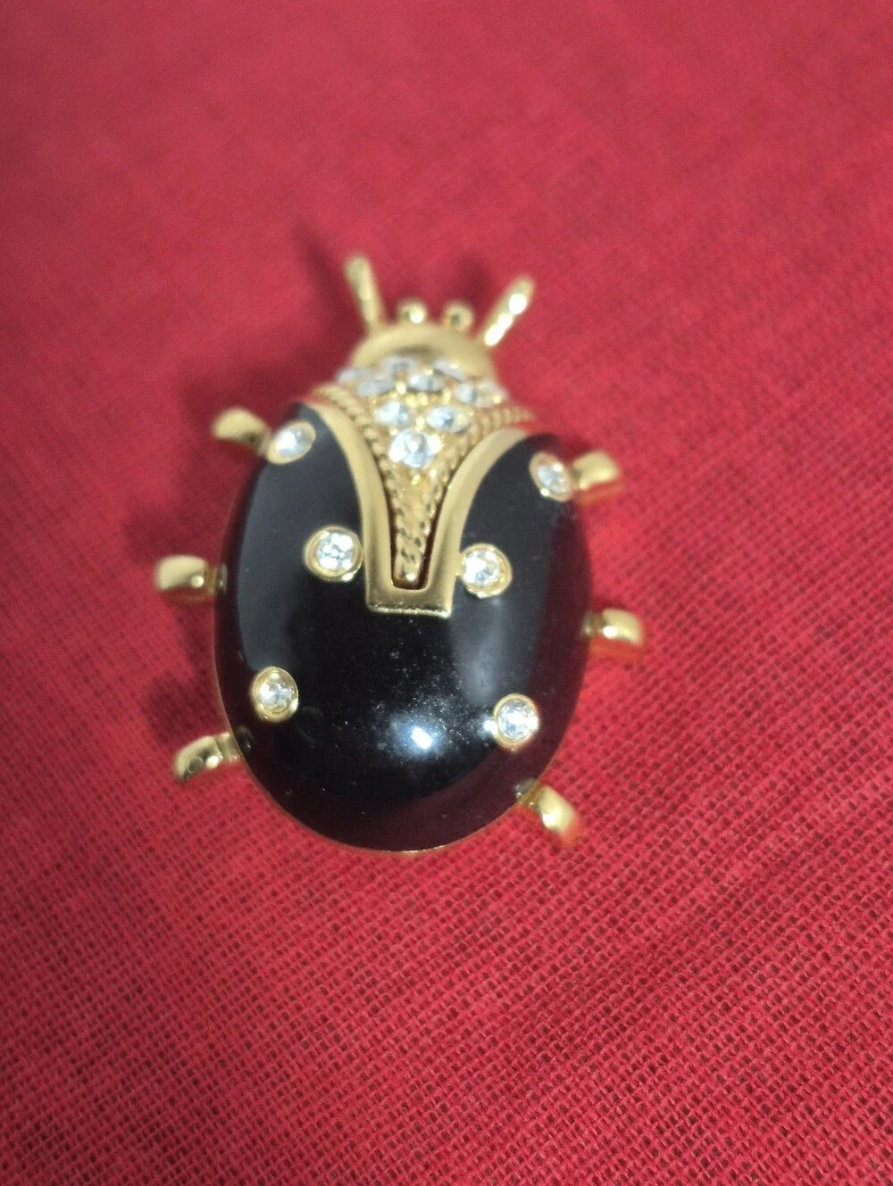 Vtg. St. John Gold-tone Black Enamel and Crystal Rhinestone Ladybug Brooch/Pin